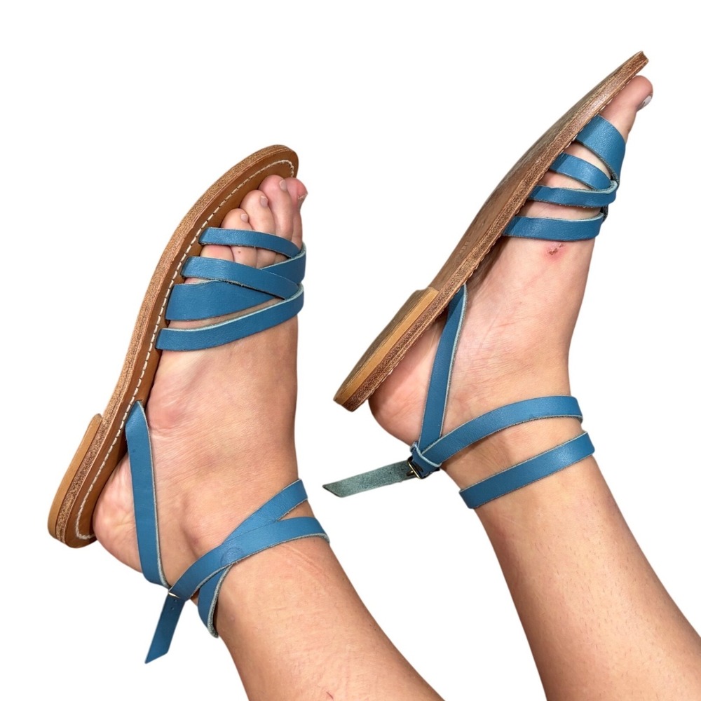 K. Jacques‎ St. Tropez Blue Leather Gladiator Sandals Ankle Wrap French Made 39